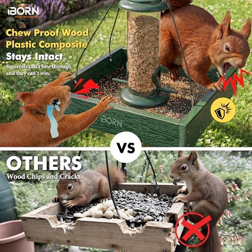 iBorn Platform Bird Feeder Tray Bird Feeders for Outdoors Hanging for Outside Flat Birdfeeder Tray with Large Capacity 3LBS, WPC Recycled Plastic & Cedar Look, Waterproof, 10.6"x10.6", Green