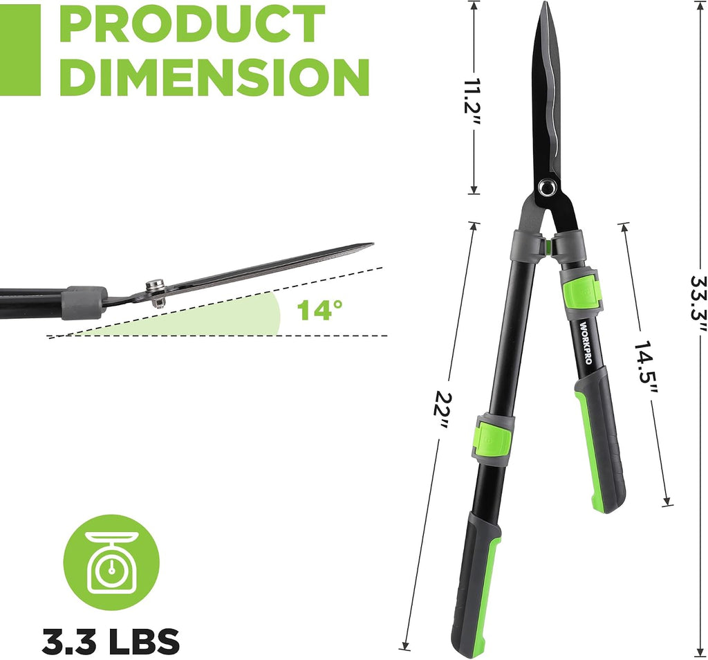 WORKPRO Extendable Hedge Shear, 25"-33" Manual Hedge Clipper/Bush Cutter | Gardening Shears, Steel Wavy Blade, Shock