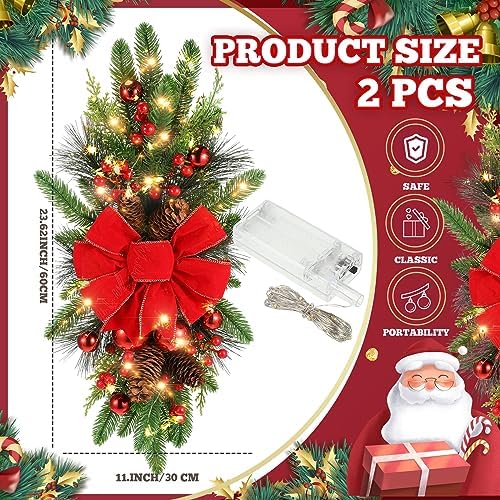 Lyrow 2 Pack 24" Christmas Stairway Swag with Lights, Red Ribbon