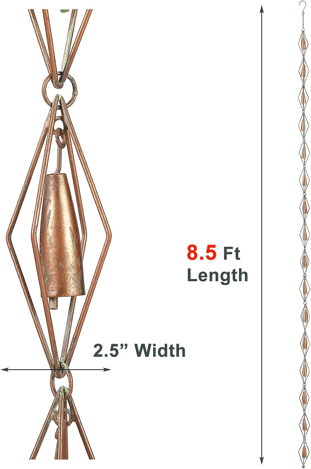 8.5 Ft Diamond & Bell Rain Chain, Patina Gutter Decorative Rain Chain | Copper Patina Finish Iron