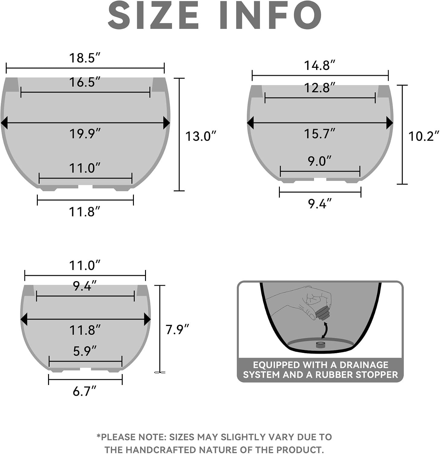 Kante Set of 3 Weathered Concrete Bowl Planters 20" 15.7" 11.8" Dia | Drainage for Outdoor, Rubber Plug for Indoor