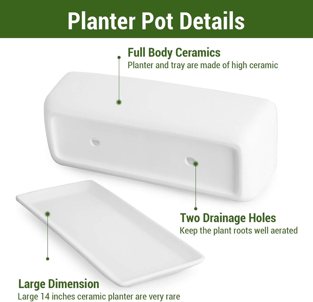 MyGift 14 Inch Unglazed White Ceramic Indoor Plant Pot with Drainage Hole | Rectangular Succulent Planter Window Box