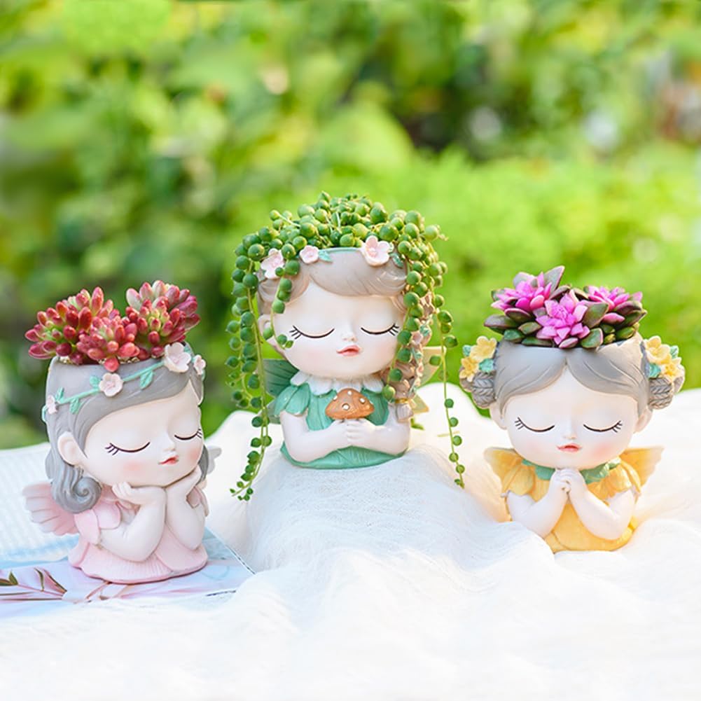 Argofox Samll Angel Girl face Succulent Plant pots 3packs with Drainage Hole 4inch Indoor Cactus Pot Unique Cute Flower