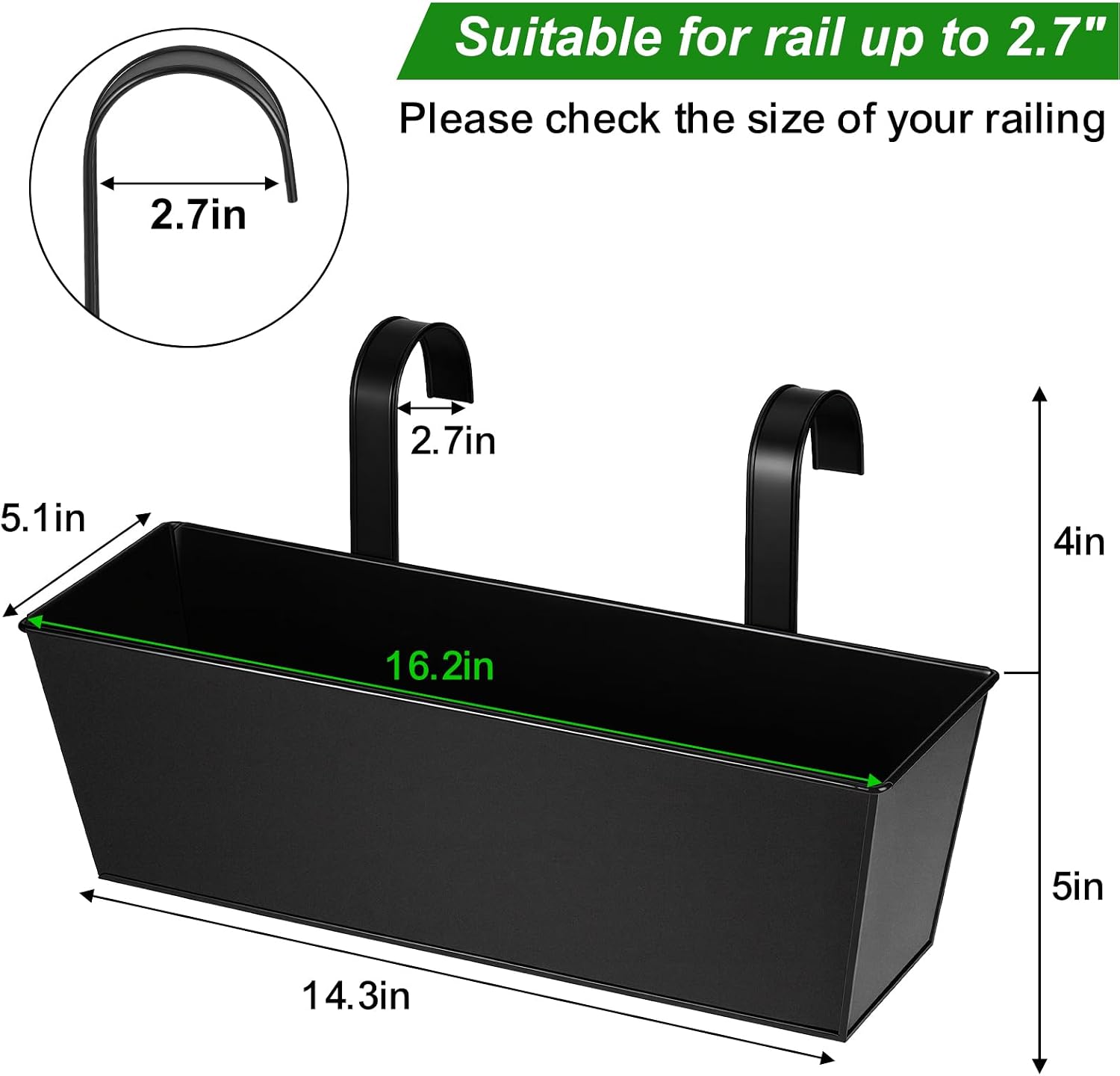 3 Pcs Large Hanging Flower Pots for Railing Or Fence 16 Inch Railing Planter Box for Any Balcony, Porch or Deck