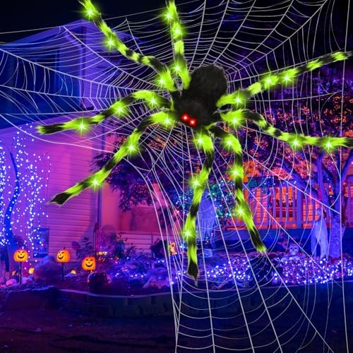 Thuodo 59" Giant Halloween Light Up Spider, Green Glowing Hairy Spider