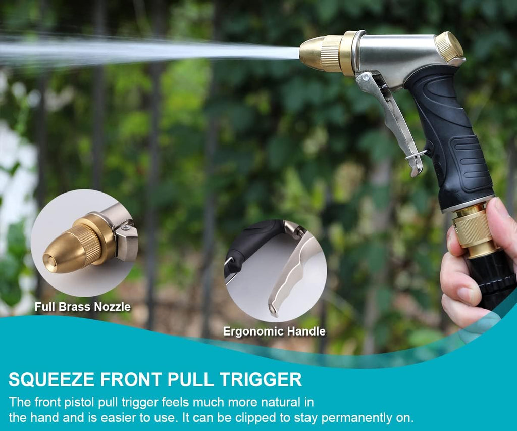 Garden Hose Nozzle, Heavy Duty Metal Brass Nozzle, 4 Spray Patterns | Full brass nozzle, ABS non-slip ergonomic grip.