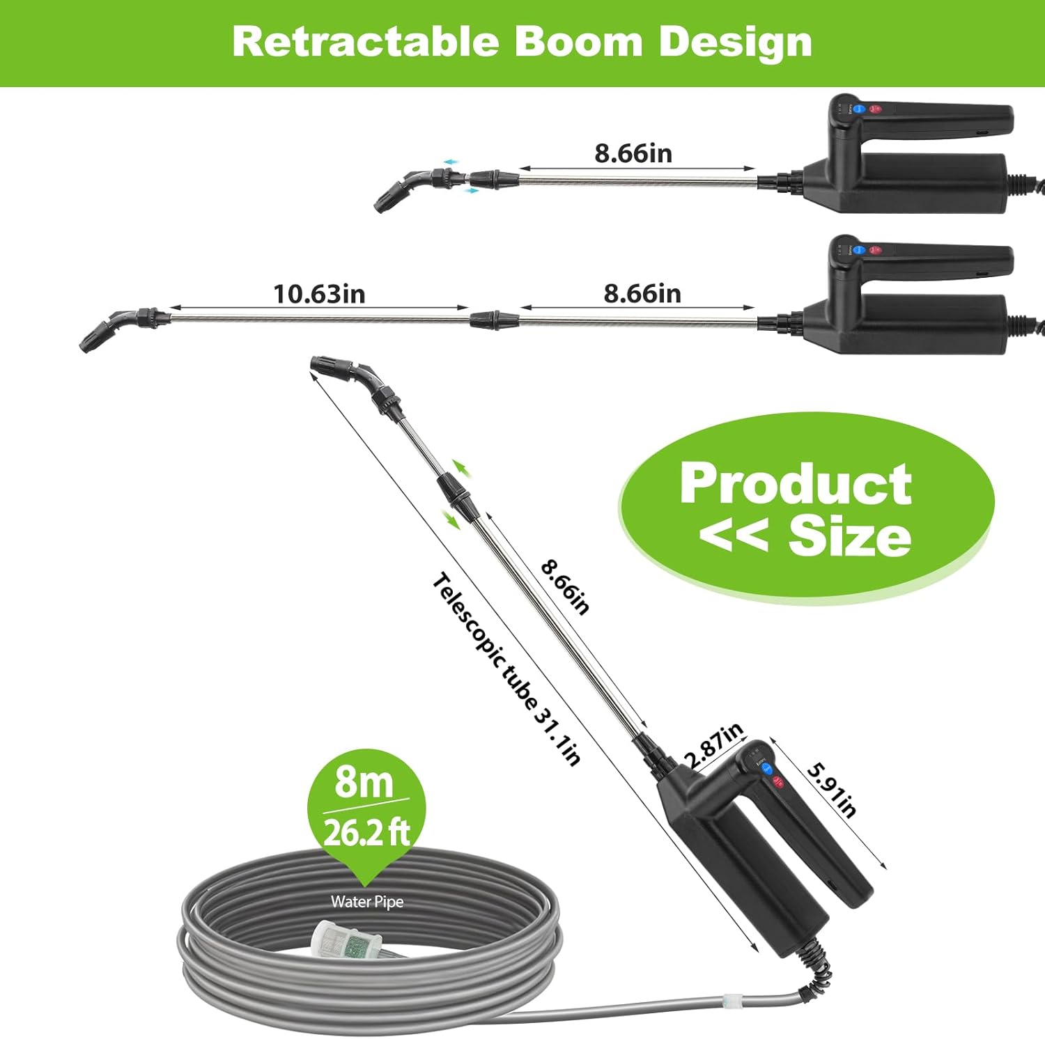 Battery Powered Sprayer Wand, 32 Inch Garden Sprayer Telescopic Wand with 3 Adjustable Speeds, Battery Indicator, 26.2
