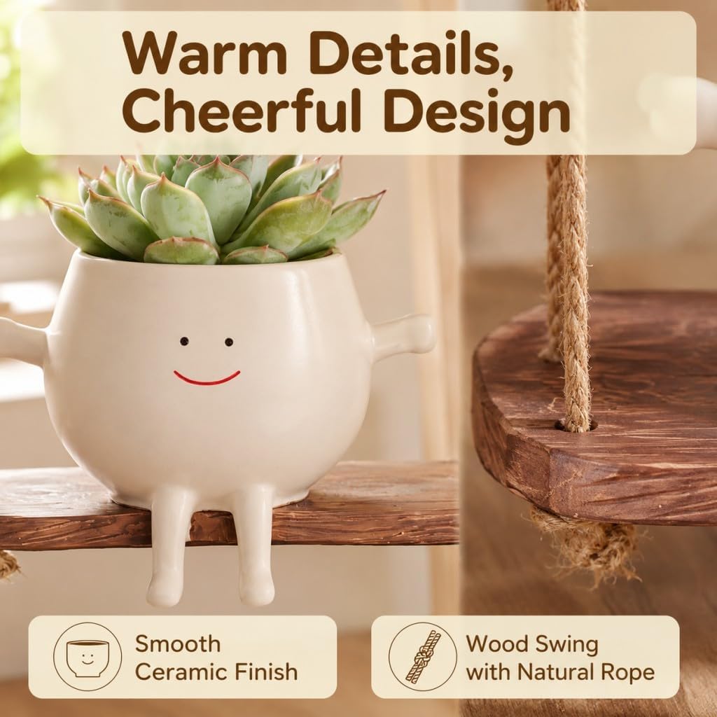 2 PCS Swinging Face Plant Pots 【Thicken Version】 Unique Cute Hanging Succulent Cactus Flower Head Resin Planters Pots