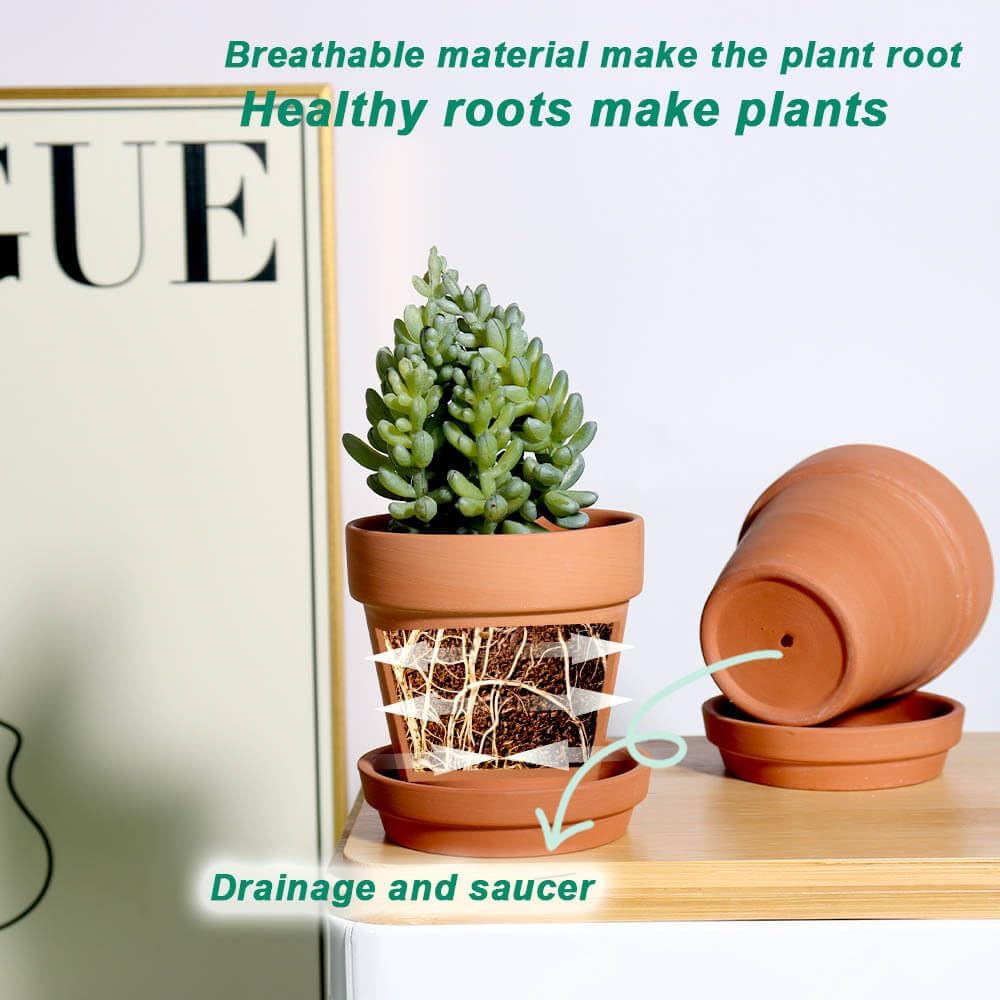 3 Inch Terracotta & Clay Pots for Plant with Saucer, 12 Pack | Clay Flowerpot with Drainage, Nursery pot for