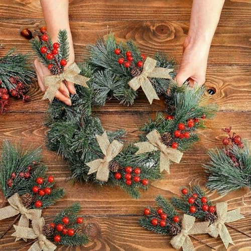 Suncalla 22 Pcs Christmas Artificial Floral Picks 8 Inch Red Berry Pine Cones Picks with Burlap Ribbon Rolls Fake Holly Branches for Wreaths Xmas Tree Arrangement Holiday DIY Gift Craft(Snow Frosted)