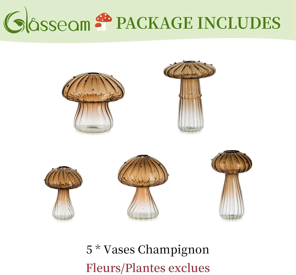 Glasseam Mushroom Glass Propagation Station, 5Pcs Amber Plant Terrarium Jar | Handmade Small Hydroponic Planters