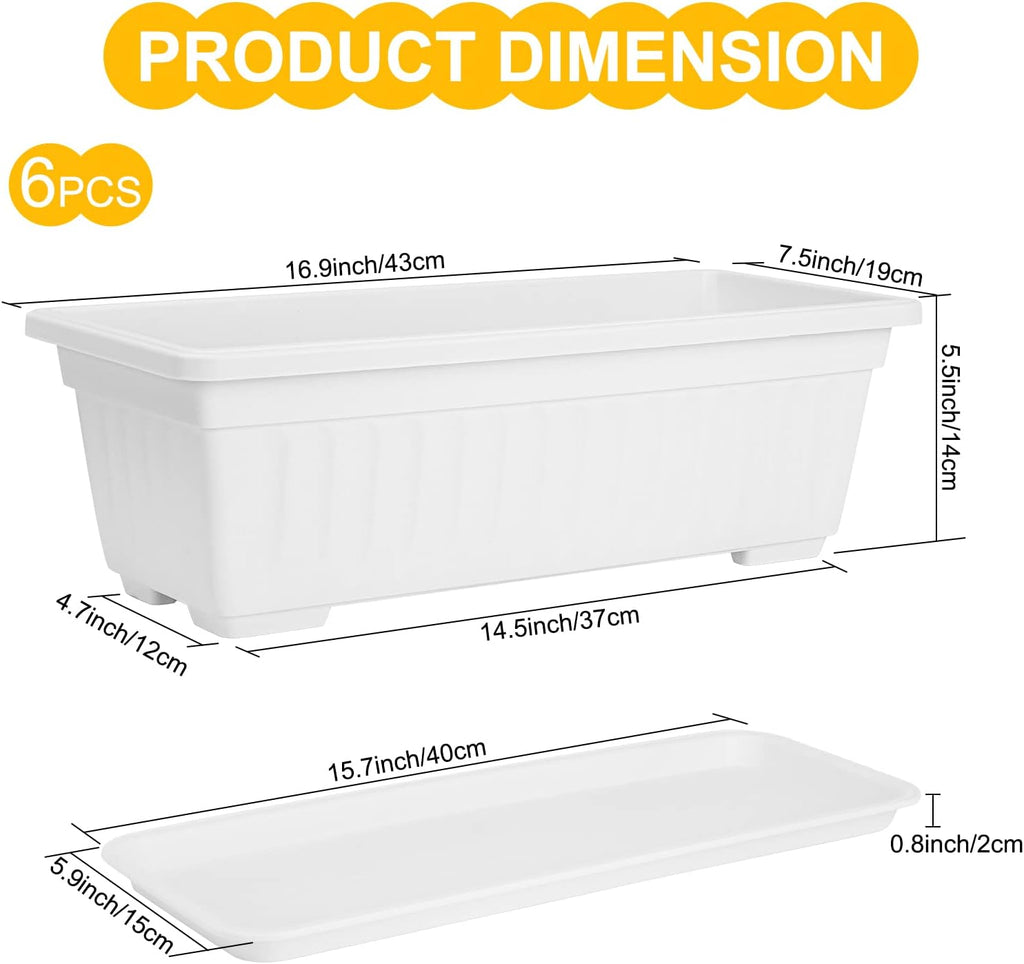 Window Box Planter, 6 Pcs 17" Flower Rectangle Planter Boxes Outdoor, White | with Spray Bottle, Garden Tool Kit