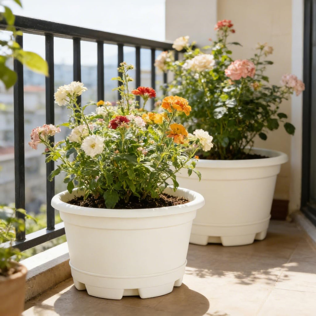 KPUVX 5 Pack 10.5 inch Plant Pots, Plastic Flower Pot | Indoor Outdoor Plants, Drainage Holes & Trays, Decorative