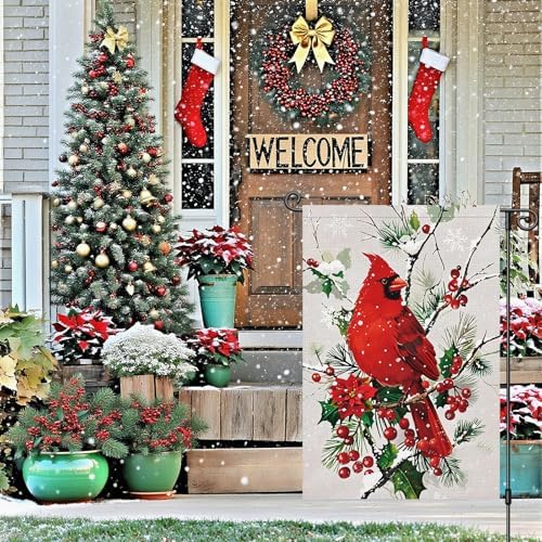 Louise Maelys Christmas Winter Cardinal Garden Flag Floral 12x18 Inch Double Sided Snowy Welcome Xmas Holiday Seasonal Small Burlap Yard Sign Outside Home Outdoor House Decoration