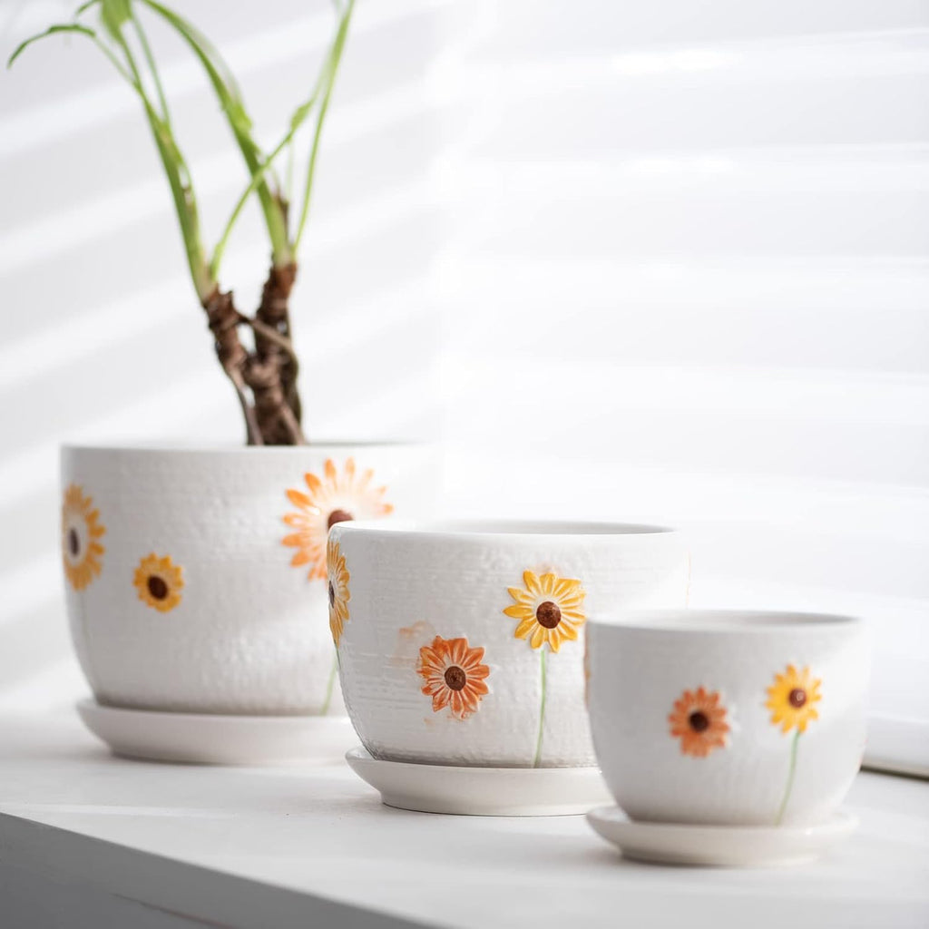 Ceramic Plant Pots,Sunflower Planters with Drainage Holes & Matching Saucer | Ceramic Flower Pot for Indoor Plants