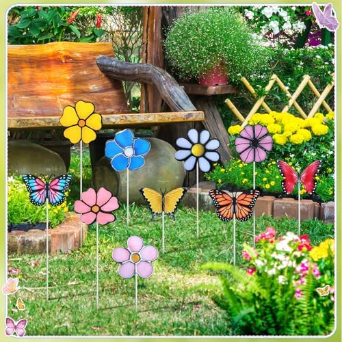10 Pcs Metal Flower Garden Stake for Outside Outdoor 11.8" 5D Summer Flowers Butterfly Metal Sign Waterproof Decoration Landscape Ornament for Lawn Yard Garden Patio Porch Art
