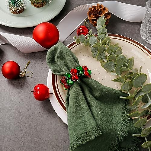 Christmas Napkin Rings Set of 8, Bells Napkin Rings with Green and Red Bell Gold Buckles for Table Decor, Weddings, Parties