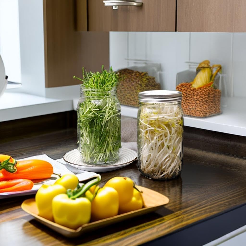 Lulonpon 4 Sprouting Jar Kit, Wide Mouth Quart Mason Jars with Stainless Steel Screen Sprout Lids