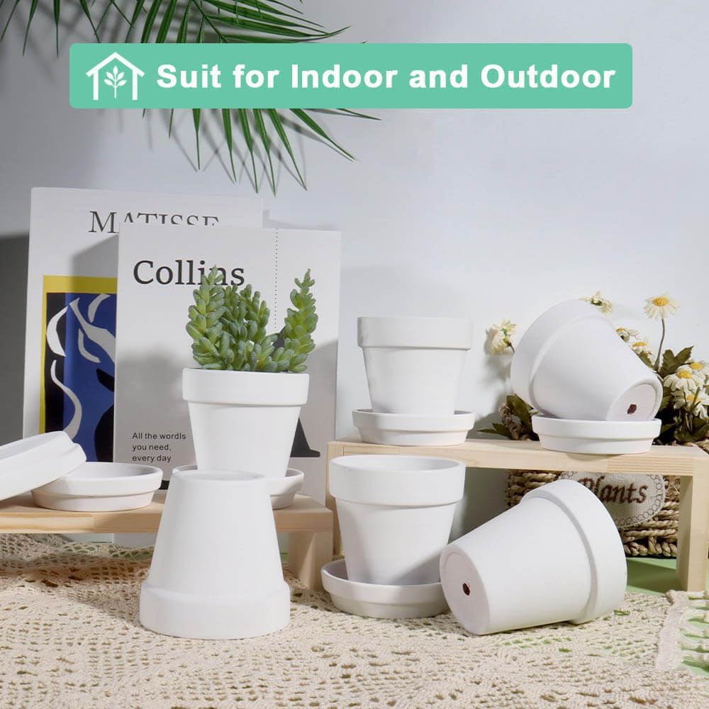 3 Inch White Terracotta & Clay Pots with Saucer, 12 Pack | Clay Flowerpot with Drainage, Nursery pot for succulents