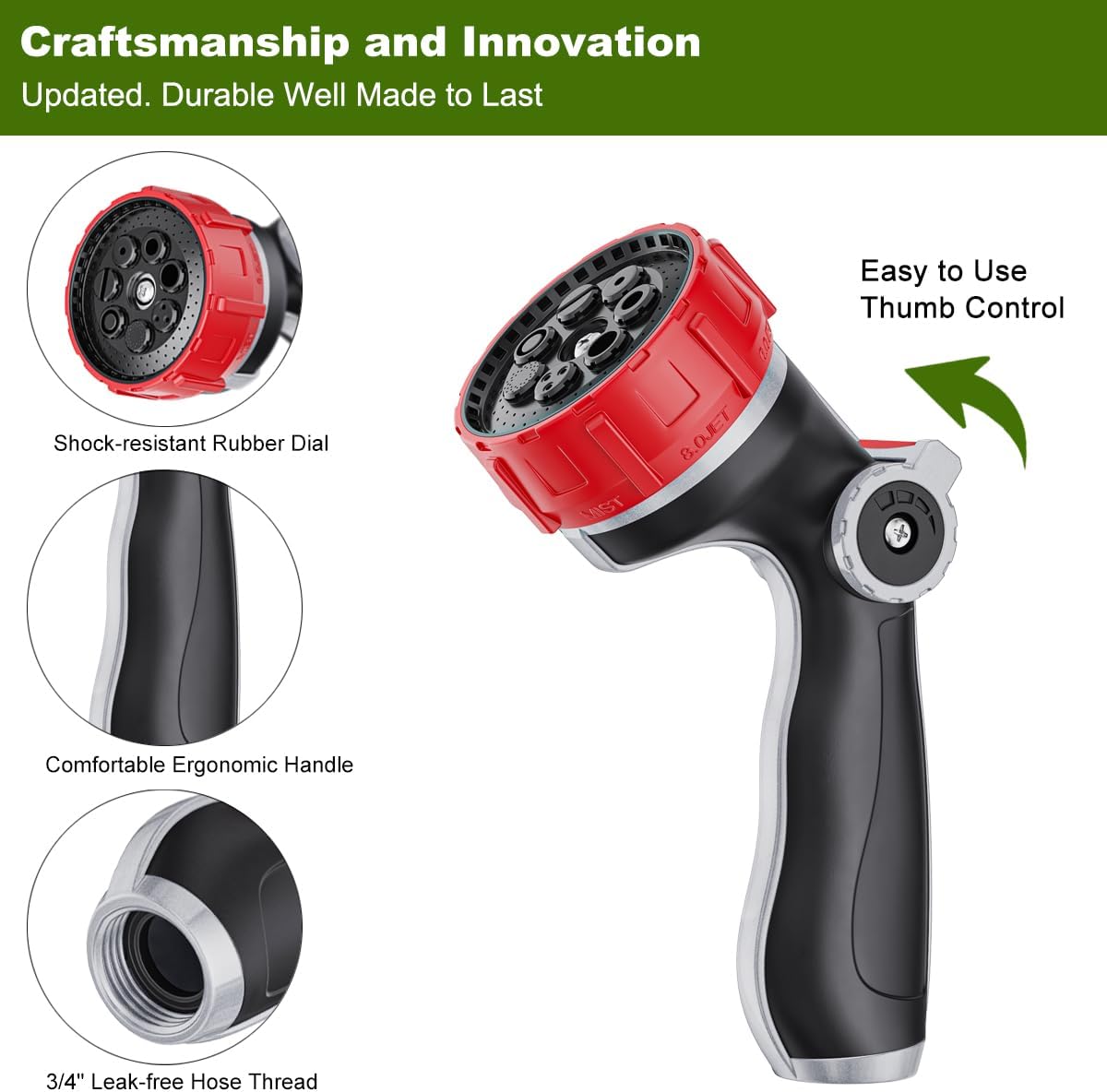 FANHAO Professional Garden Hose Nozzle Heavy Duty Metal, Thumb Control Spray Nozzle with 7 Patterns, High Pressure