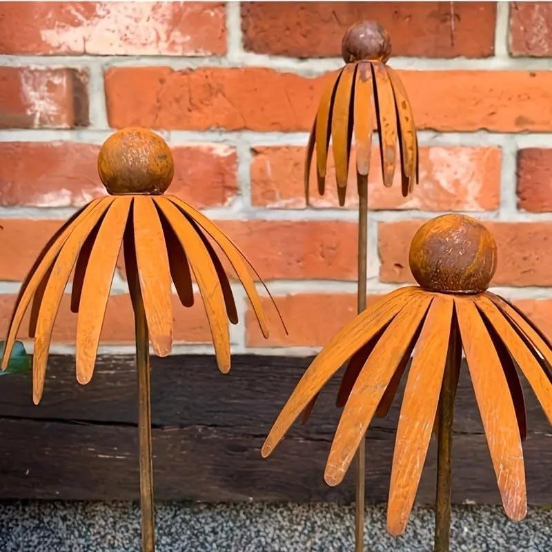 Rustic Metal Coneflower Garden Stakes, Set of 3, Rusted Iron Daisy Yard Art, 30.71x5.12 Inch, Weather-Resistant Lawn