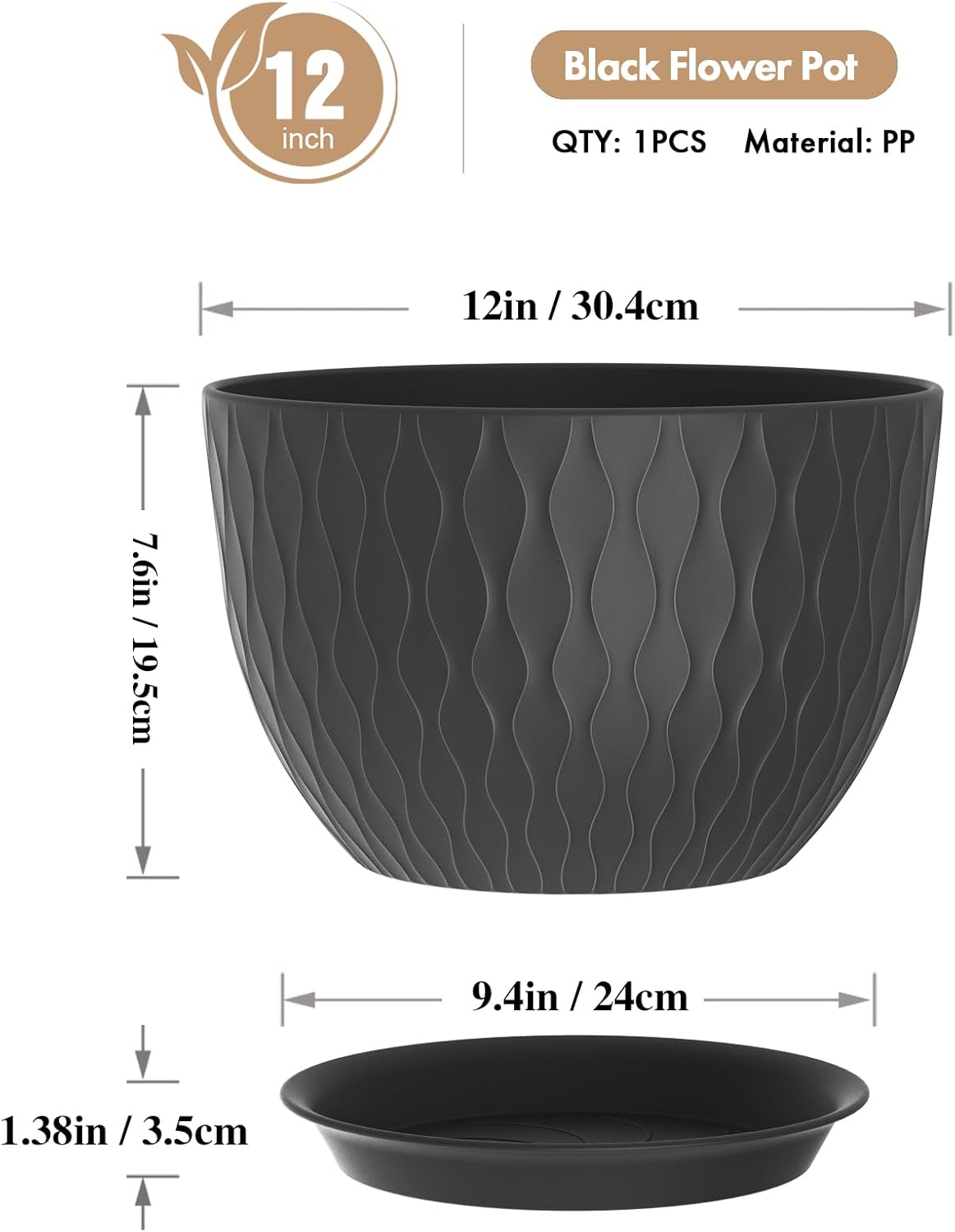 WSMKSZ 12 Inch Large Plant Pots for Indoor or Outdoor Plants, Wide Water Ripples Flower Pots with Drainage Holes &