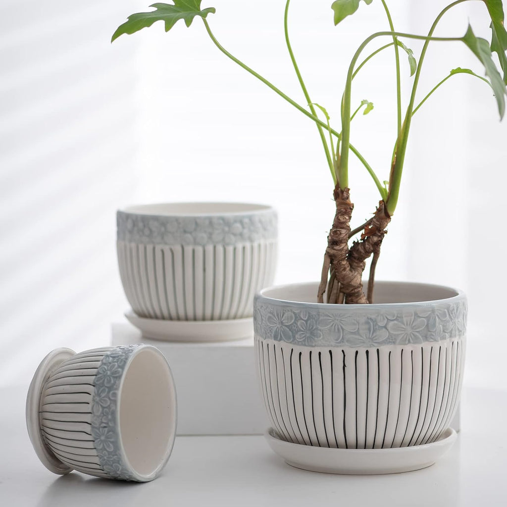 Gray Flower Pots, Texture Ceramic Plant Pots for Indoor Plants Set of 3 | Planters with Saucer | Cute Garden Pots