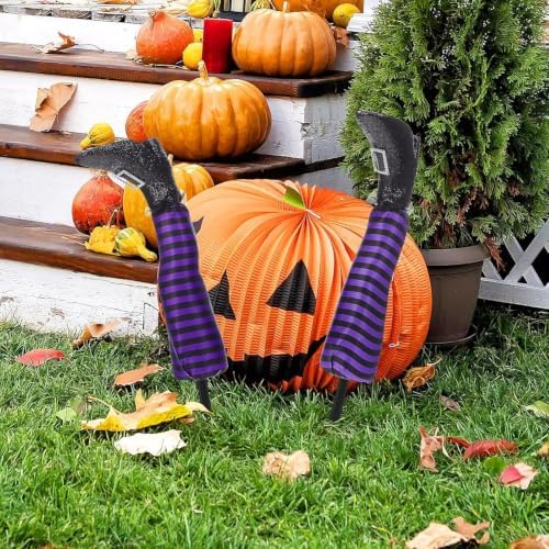 2 Pack Halloween Wicked Witch Legs, Upside Down Stripe Legs Yard Stakes Outdoor，Purple