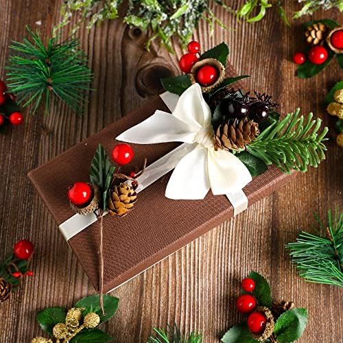 Janinka 28 Pcs Artificial Christmas Greenery Red Berry Picks Pine Cones Holly Berries Flower Stem Needles Branches Fake Greenery Floral Picks for Xmas Tree Winter Crafts Party Festive Home Decor