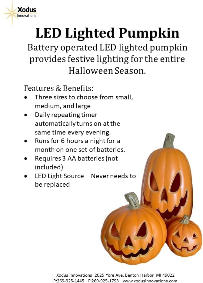 Xodus Battery Operated LED Light Pumpkin, Jack-O-Lantern, 8.5-inch, 2 Pack
