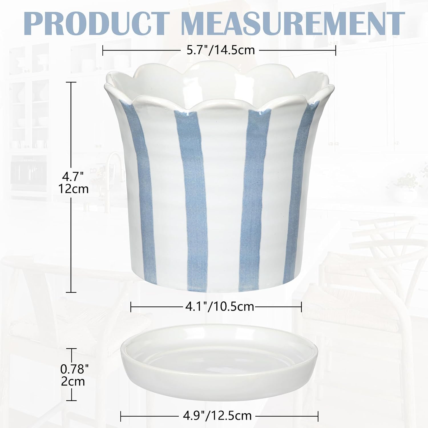 Ceramic Plant Pots, 5.8 Inch Planter Pot with Drainage Hole and Sauser, Stripe Ceramic Planters with Floral Edge for