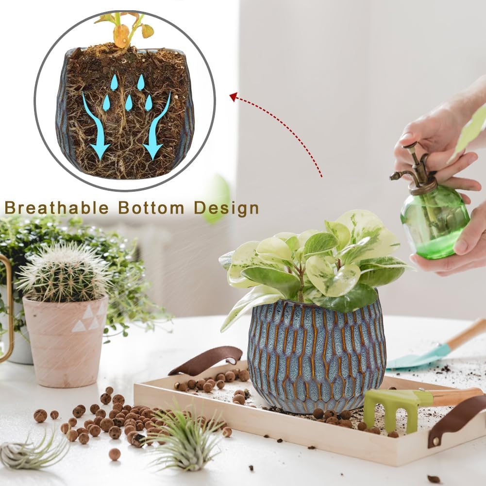 Oairse Small Ceramic Pots for Plants, 4.9 inch Blue Plant Pot Indoor with Drainage Ceramic Planters for Indoor Plants