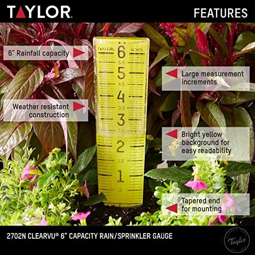 Taylor ClearVu Rain and Sprinkler Gauge, Measure and Monitor Precipitation, Easy to Read for Backyard, Patio, Garden, and Lawn, 6-inch Capacity, Clear