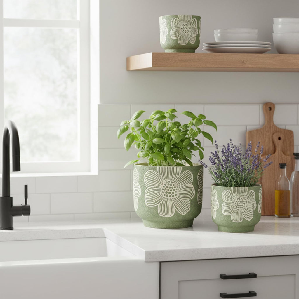 Ceramic Plant Pots, 8+6 Inch, 2 Pcs Indoor Planters with Drainage Holes | Green sand-glazed ceramic planters with