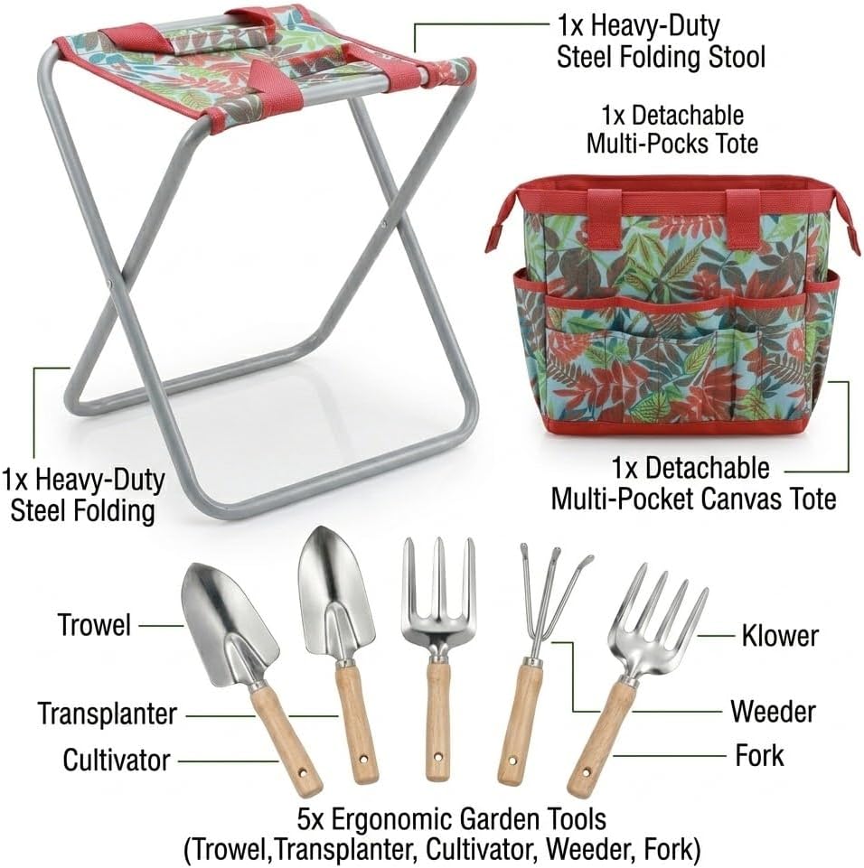 7-piece Garden Tool Set with Tote and Folding Stool Seat