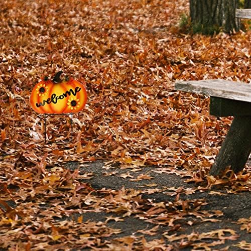 Rustic Metal Pumpkin Garden Stakes Standing Outdoor Welcome Signs Home Decorations Metal Pumpkins Yard Outdoors for Fall Harvest Decor Thanksgiving Halloween Lawn Decorations-24''H