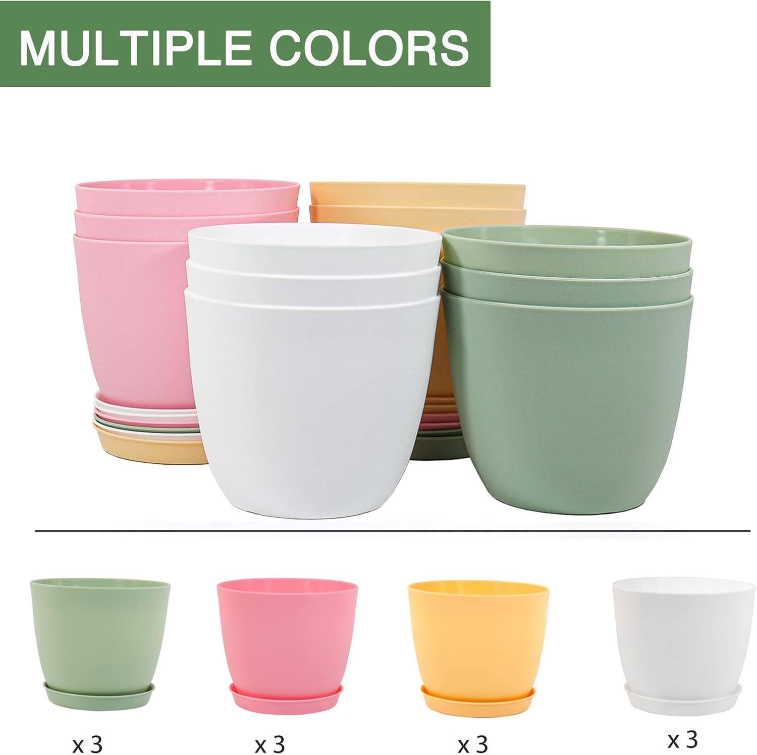 SwinDuck 6 Inch Plant Pots, 12 Pack Plastic Planters Modern Flower Pot with Drainage Holes and Saucers for All House