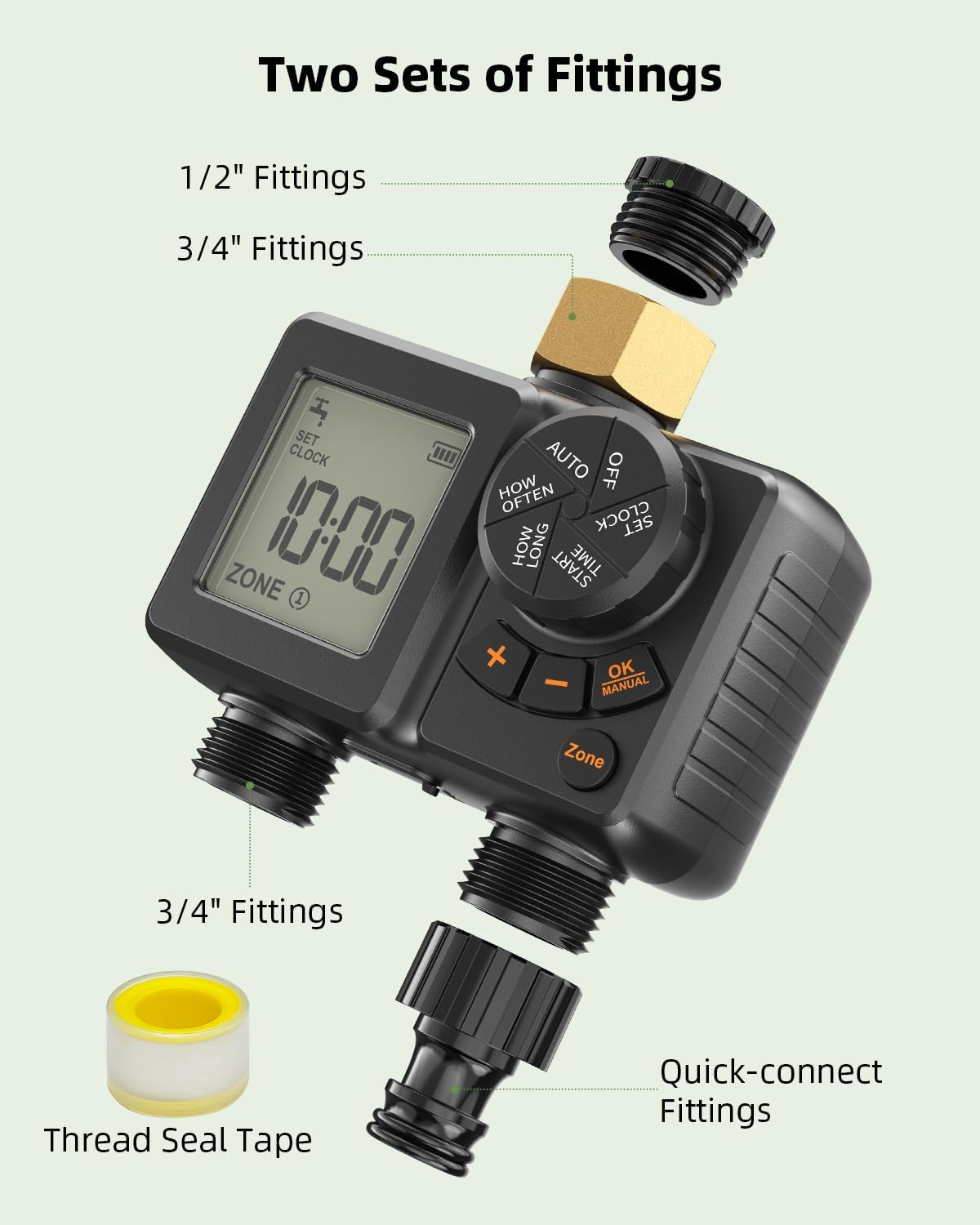 Sprinkler Timer 2 Zone,Water Timer for Garden Hose with Lithium Battery Hose Timers with Brass Inlet