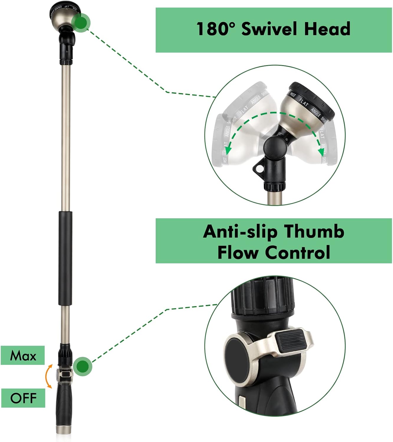 RESTMO 36” Watering Wand for Garden Hose, Heavy Duty Hose Nozzle Sprayer | 180° Swivel Head, 10 Spray Patterns, 3ft