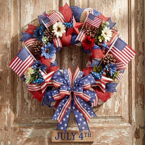 Patriotic Bow for Wreath, 9.4 x 11.8 Inch Red White and Blue with Stars and Stripes Wired Ribbon, Handmade 4th of July Mailbox Bow for Memorial Day Veterans Day Decor