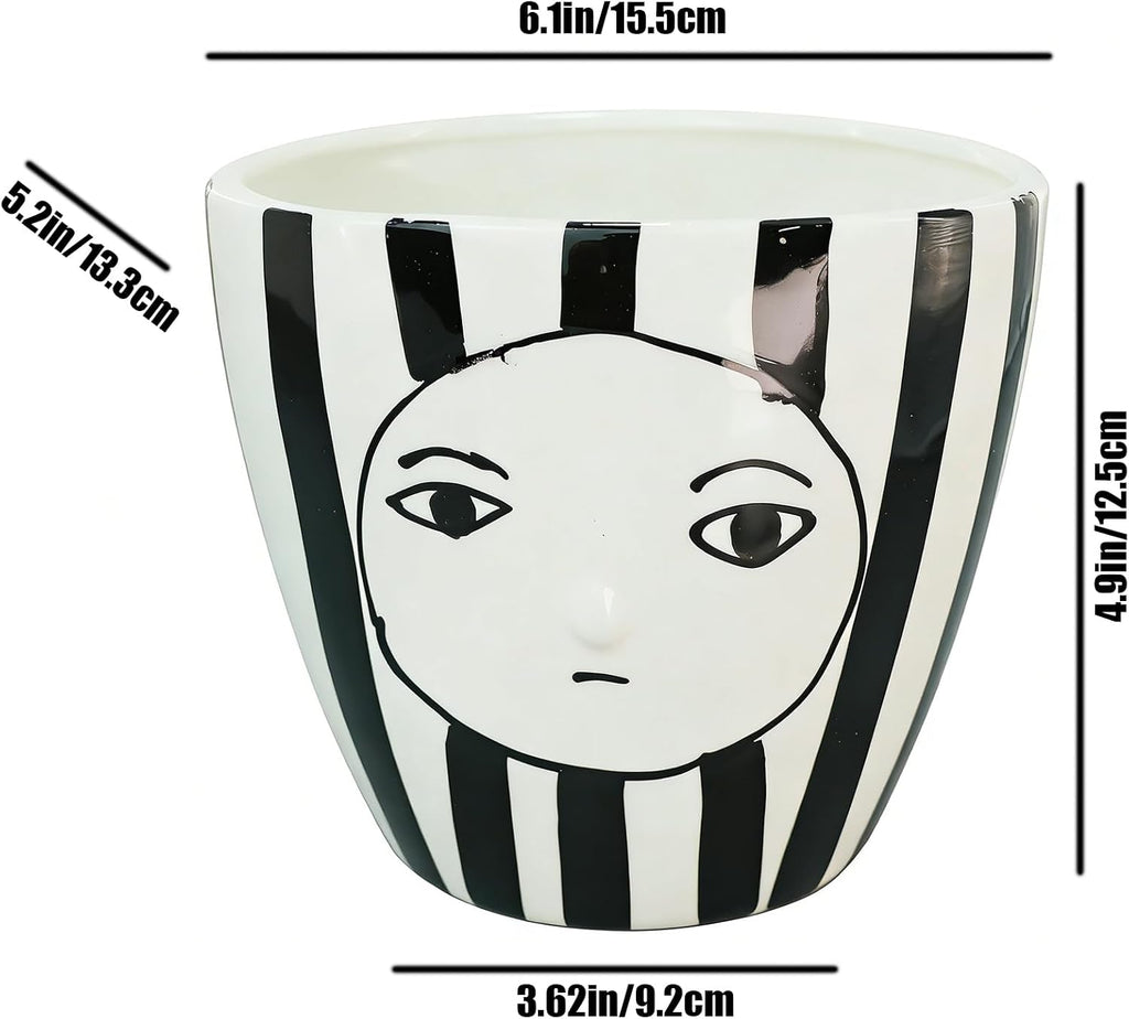Modern Abstract Face Ceramic Planter with Black & White Stripes ，5.9in Indoor Planter with Drainage Outlet and Tray