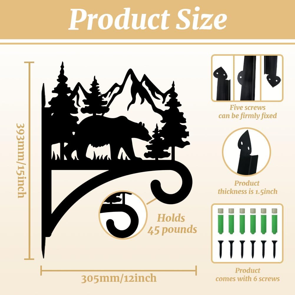 Forest Bear Plant Hanger Bracket, Iron Outdoor Hanging Hook | 12"x15" Weather Resistant Metal Holder for Hanging