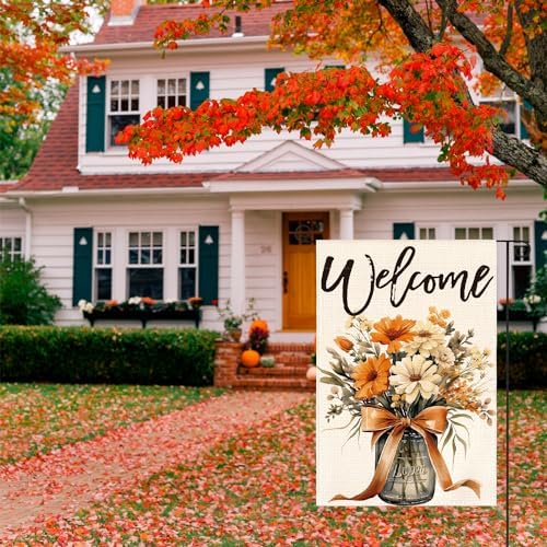 AVOIN colorlife Welcome Mason Jar Fall Floral Garden Flag 12x18 Inch