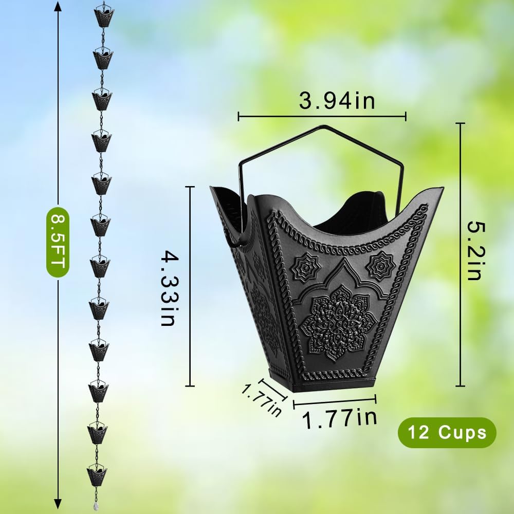 Vindar Rain Chains, 3D Mandala Carving Black Rain Chain, 8.5ft Large Cup Powder Metal Rain Chains for Outside