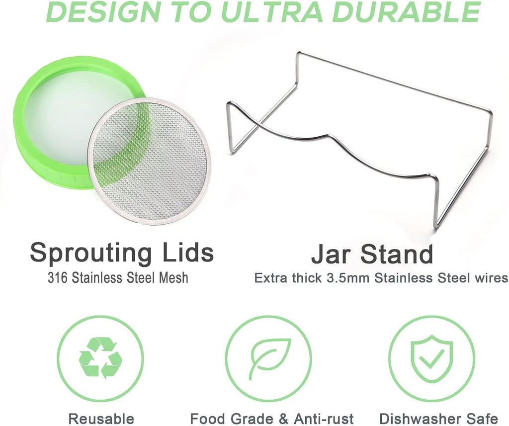 Seed Sprouting Jar Kit with Wide Mouth Mason Jars, Premium Stainless Steel Screen Sprout Lids, Blackout Sleeves, Tray