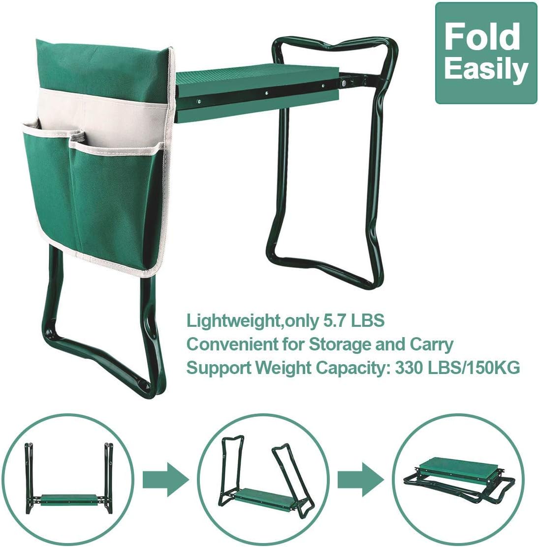 Garden Kneeler and Seat Stool Heavy Duty Garden Folding Bench with Large Tool Pocket and Soft EVA Kneeling Pad for