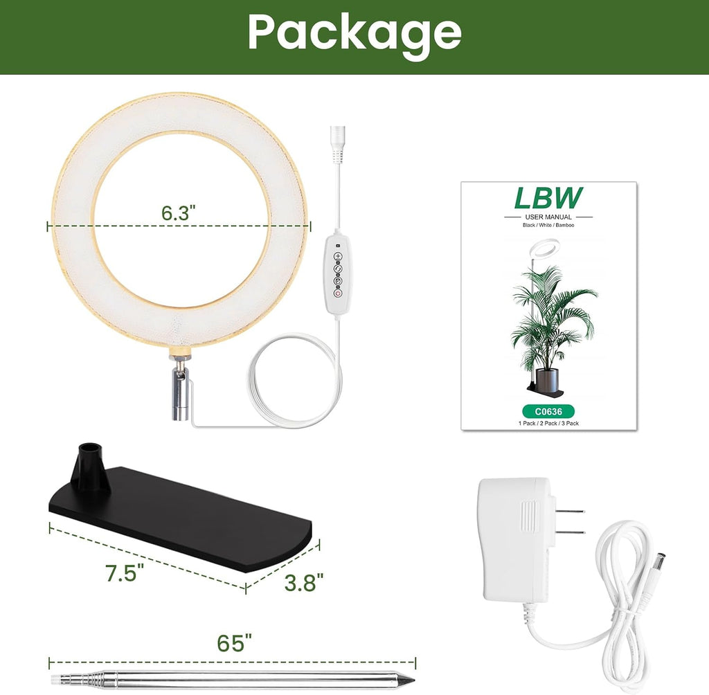 LBW Grow Lights for Indoor Plants, 6.3" Full Spectrum Plant Light with Base | Bamboo Grain, 65" Adjustable for Indoor