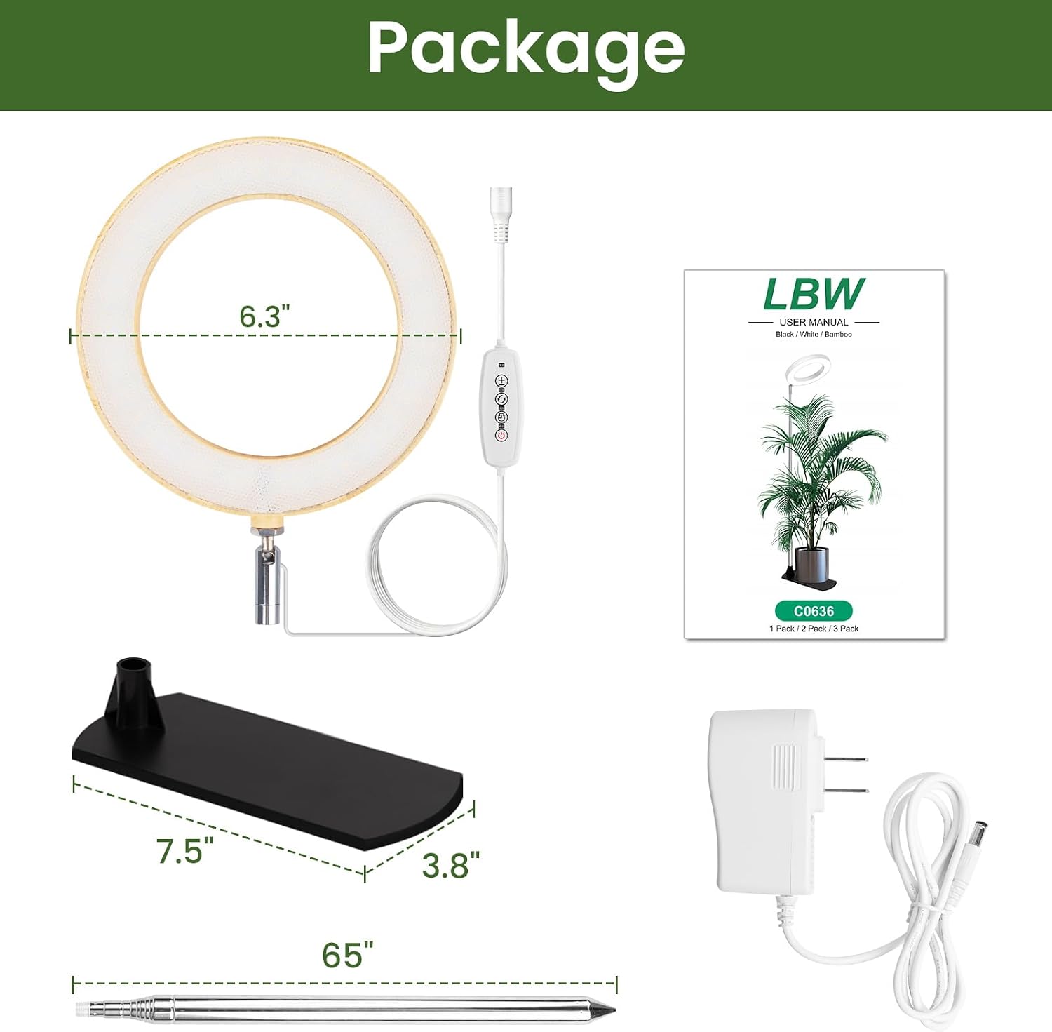 LBW Grow Lights for Indoor Plants, 6.3" Full Spectrum Plant Light with Base | Bamboo Grain, 65" Adjustable for Indoor