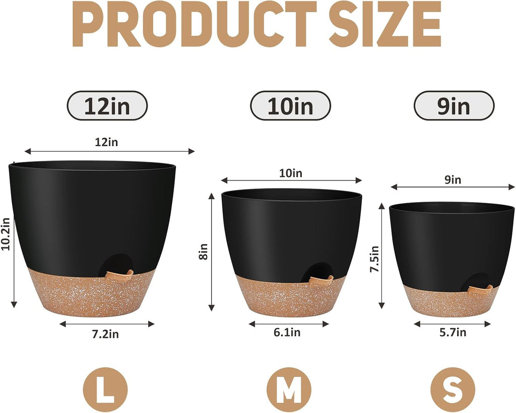 YNNICO 12" 10" 9" Large Self Watering Plant Pots, 3 Pack Flower Pots Planters with Multi Mesh Drainage Holes for Indoor
