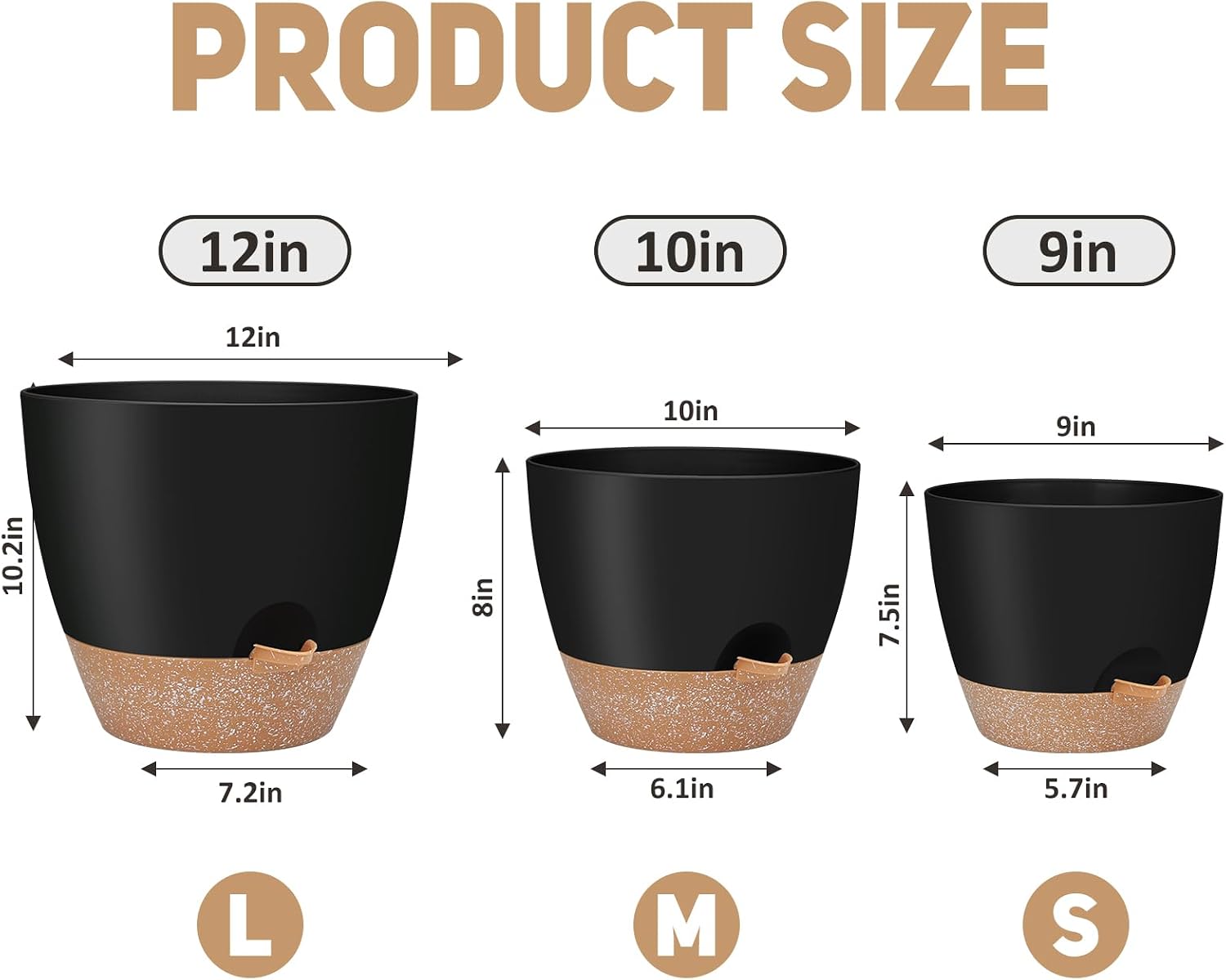 YNNICO 12" 10" 9" Large Self Watering Plant Pots, 3 Pack Flower Pots Planters with Multi Mesh Drainage Holes for Indoor